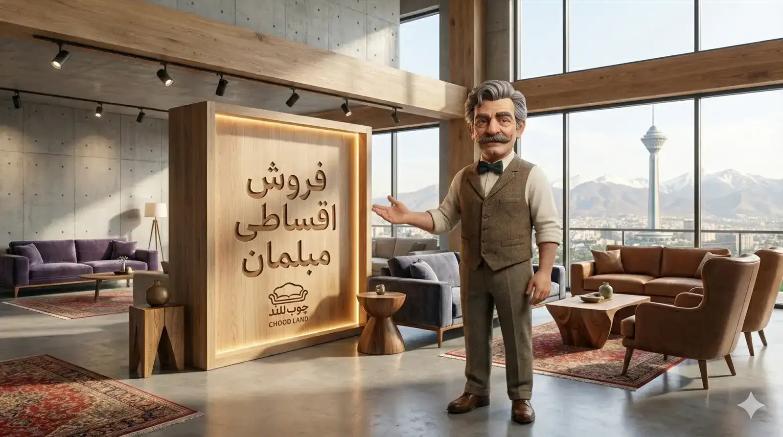 کاراکتر برند چوب لند در یک نمایشگاه مبلمان مدرن در تهران، در حال اشاره به تابلوی چوبی با عنوان "فروش اقساطی مبلمان". در پس‌زمینه، مبلمان شیک و نمای برج میلاد و کوه‌های شمال تهران دیده می‌شود