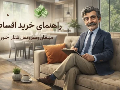 راهنمای خرید اقساطی ست مبل و ناهارخوری با مشاور فروش نشسته روی مبل در فضای مدرن منزل
